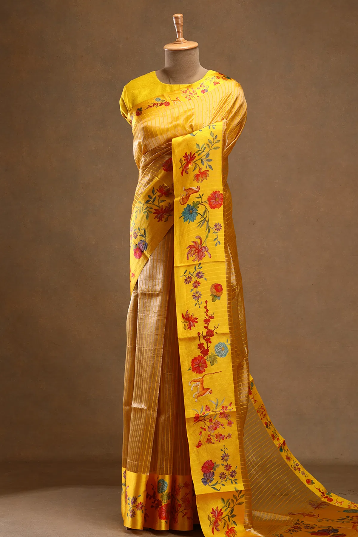 yellow banarasi tissue saree with printed border